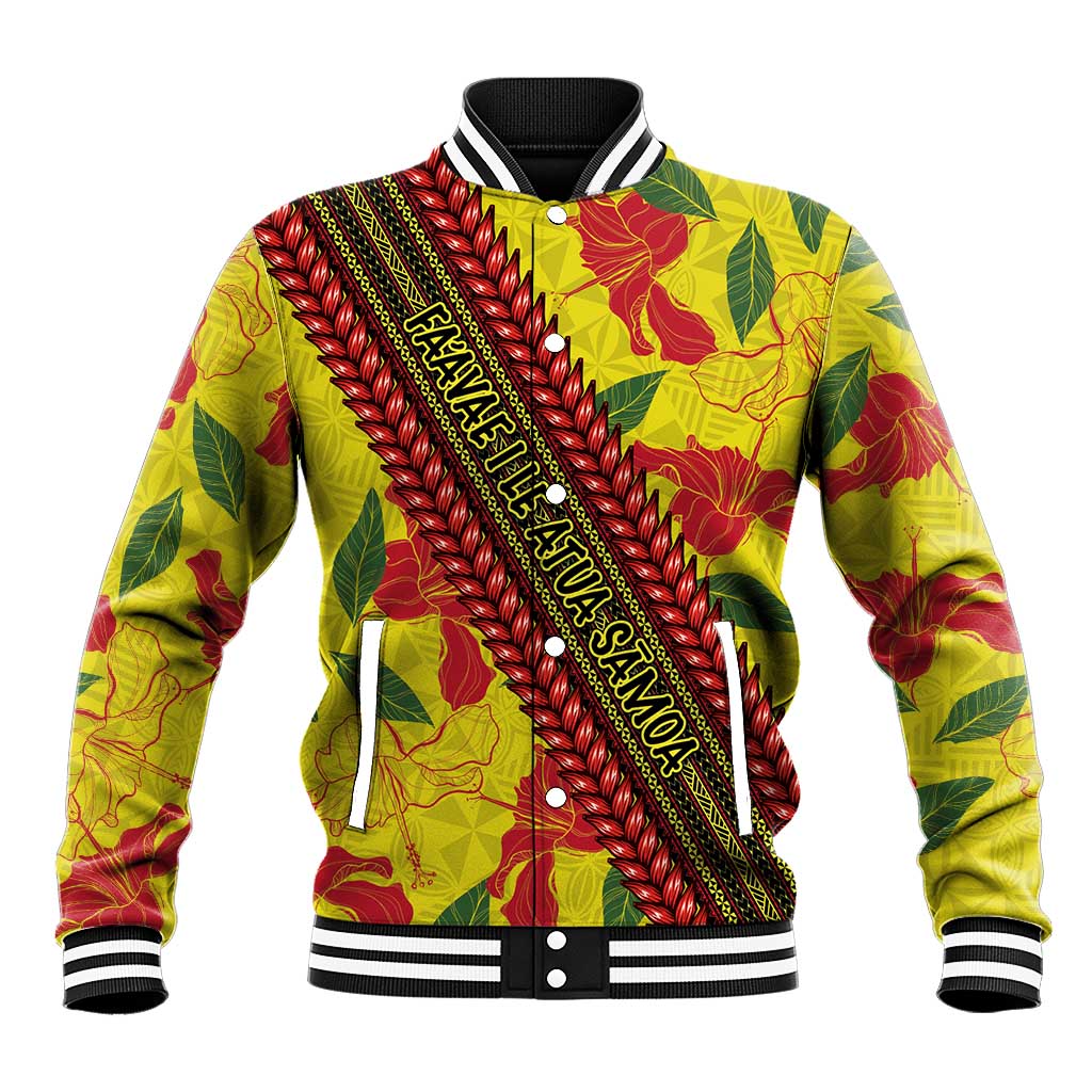 Samoan Culture Baseball Jacket Hibiscus and Ula Fala with Tapa Pattern YellowColor