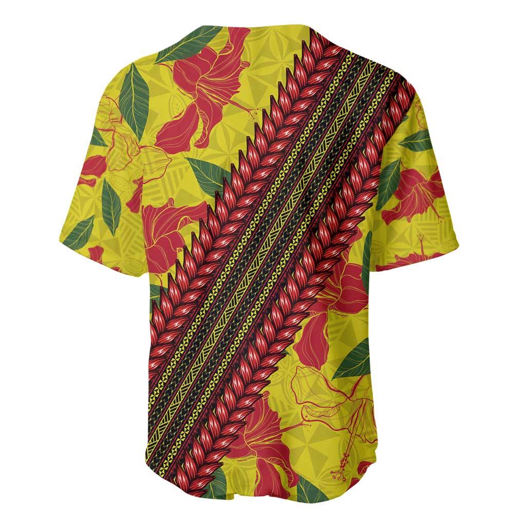 Samoan Culture Baseball Jersey Hibiscus and Ula Fala with Tapa Pattern YellowColor