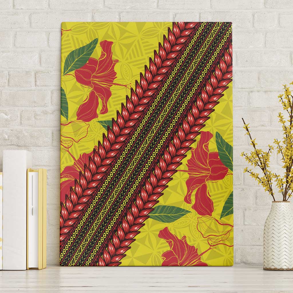 Samoan Culture Canvas Wall Art Hibiscus and Ula Fala with Tapa Pattern Yellow Color