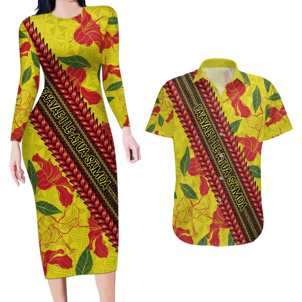 Samoan Culture Couples Matching Long Sleeve Bodycon Dress and Hawaiian Shirt Hibiscus and Ula Fala with Tapa Pattern YellowColor