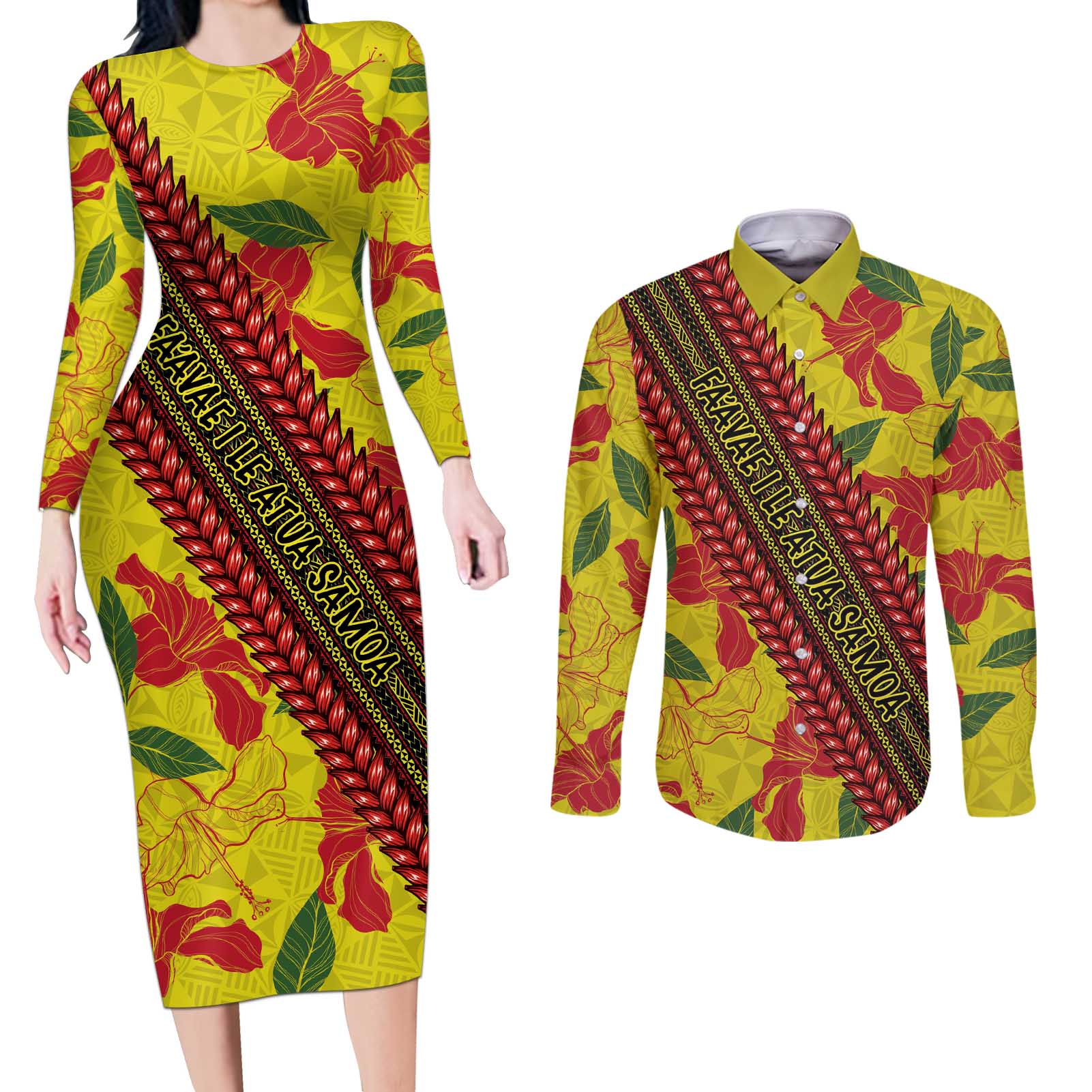 Samoan Culture Couples Matching Long Sleeve Bodycon Dress and Long Sleeve Button Shirt Hibiscus and Ula Fala with Tapa Pattern YellowColor