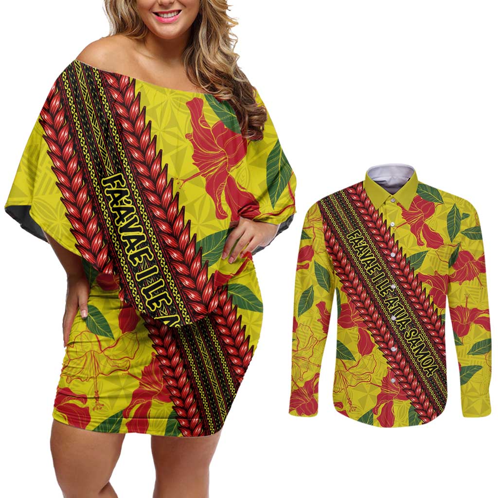 Samoan Culture Couples Matching Off Shoulder Short Dress and Long Sleeve Button Shirt Hibiscus and Ula Fala with Tapa Pattern YellowColor