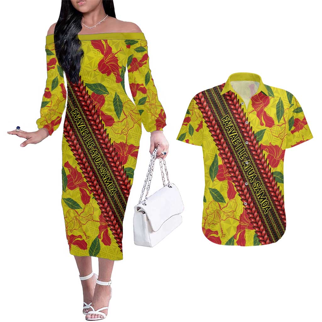 Samoan Culture Couples Matching Off The Shoulder Long Sleeve Dress and Hawaiian Shirt Hibiscus and Ula Fala with Tapa Pattern YellowColor