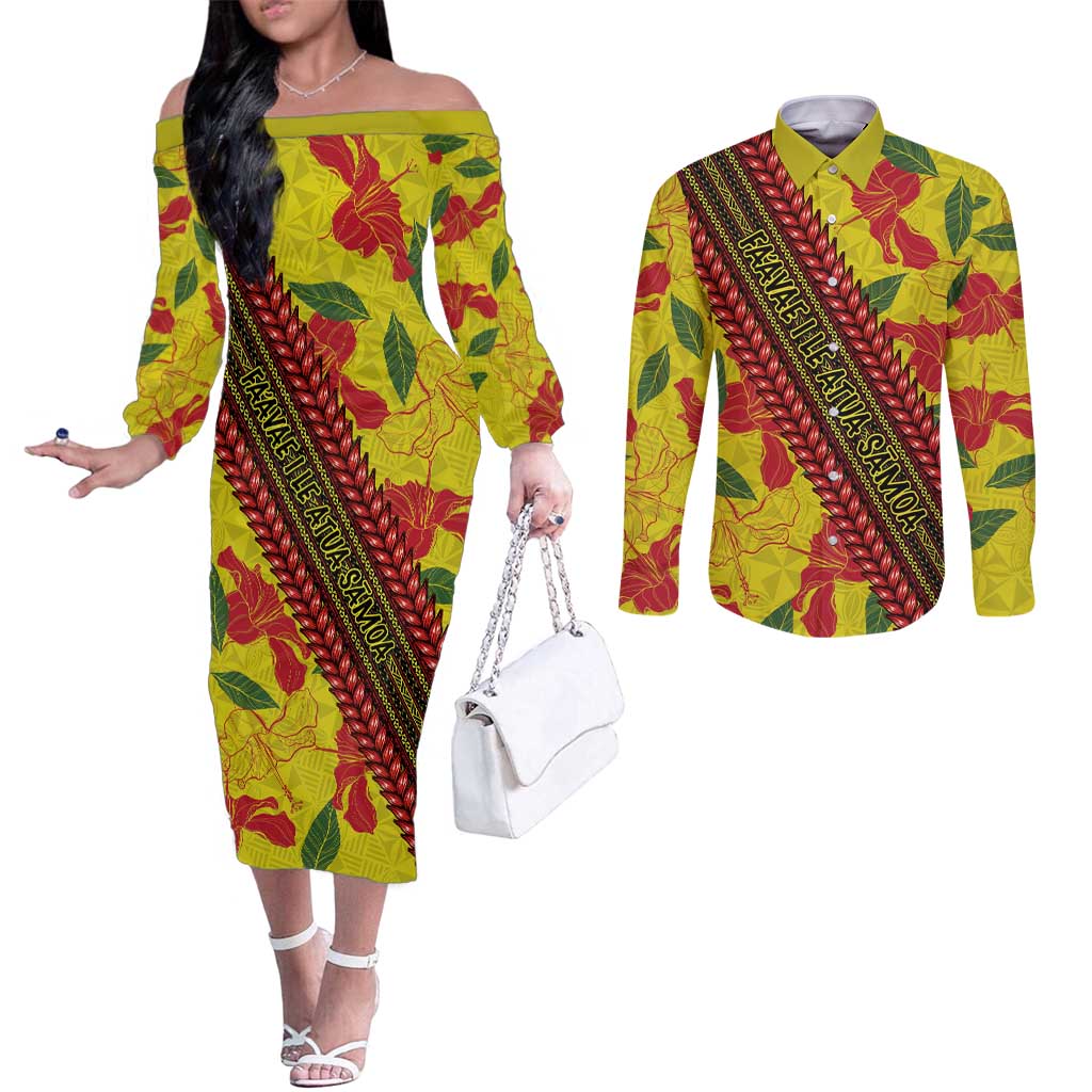 Samoan Culture Couples Matching Off The Shoulder Long Sleeve Dress and Long Sleeve Button Shirt Hibiscus and Ula Fala with Tapa Pattern YellowColor