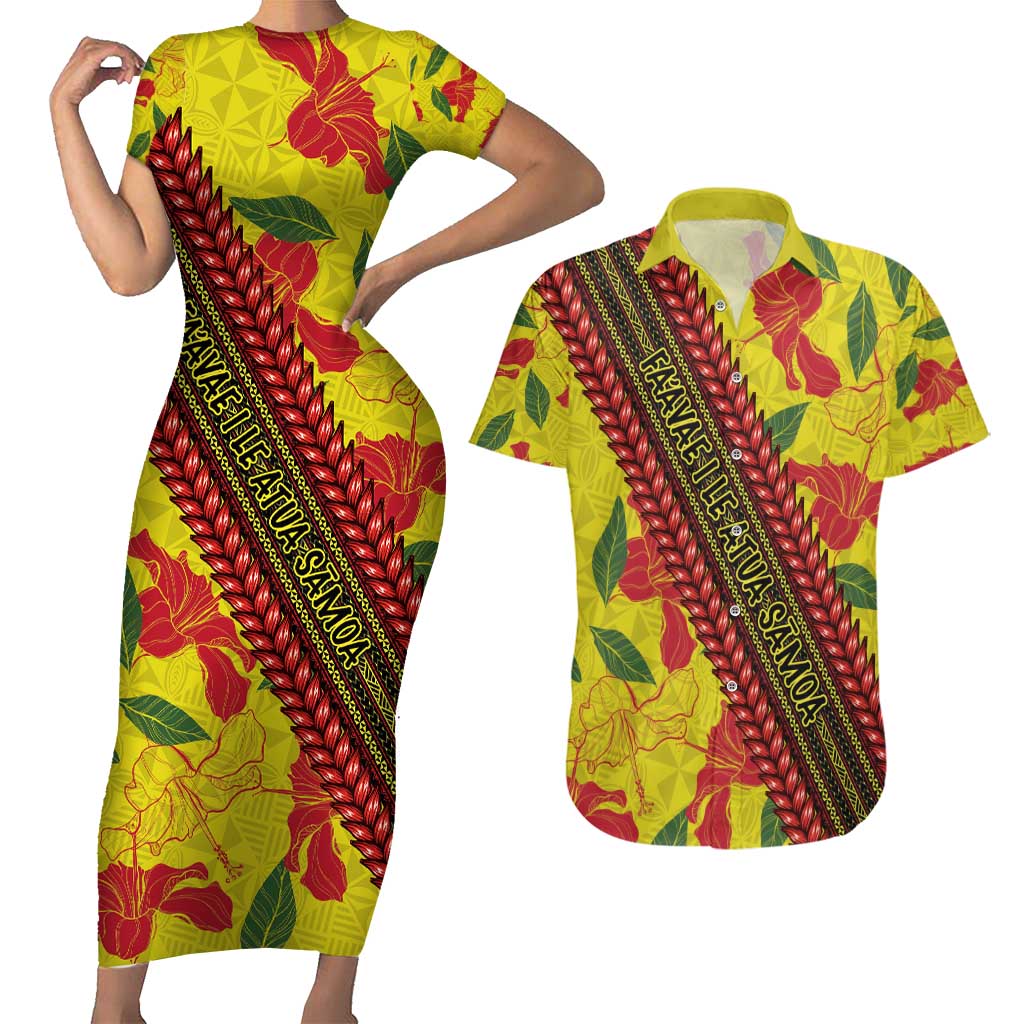 Samoan Culture Couples Matching Short Sleeve Bodycon Dress and Hawaiian Shirt Hibiscus and Ula Fala with Tapa Pattern YellowColor