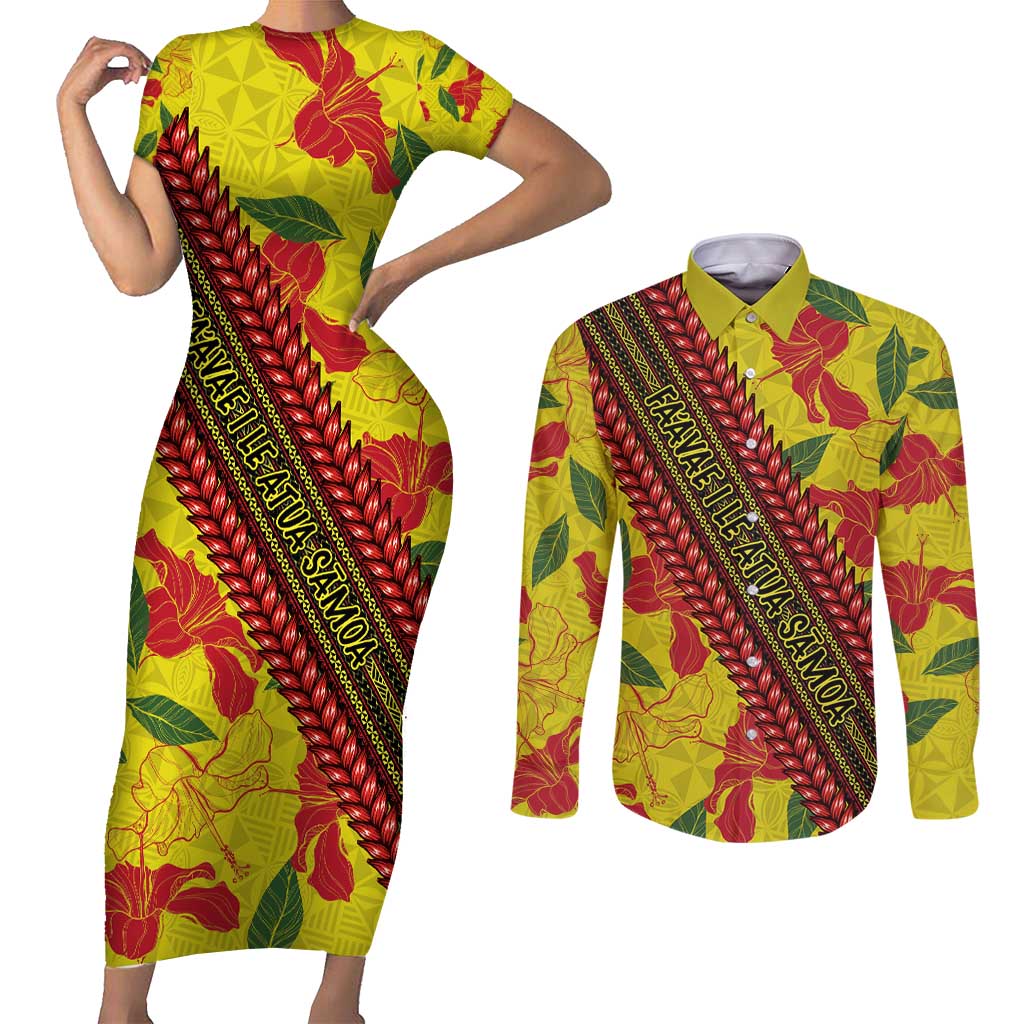 Samoan Culture Couples Matching Short Sleeve Bodycon Dress and Long Sleeve Button Shirt Hibiscus and Ula Fala with Tapa Pattern YellowColor