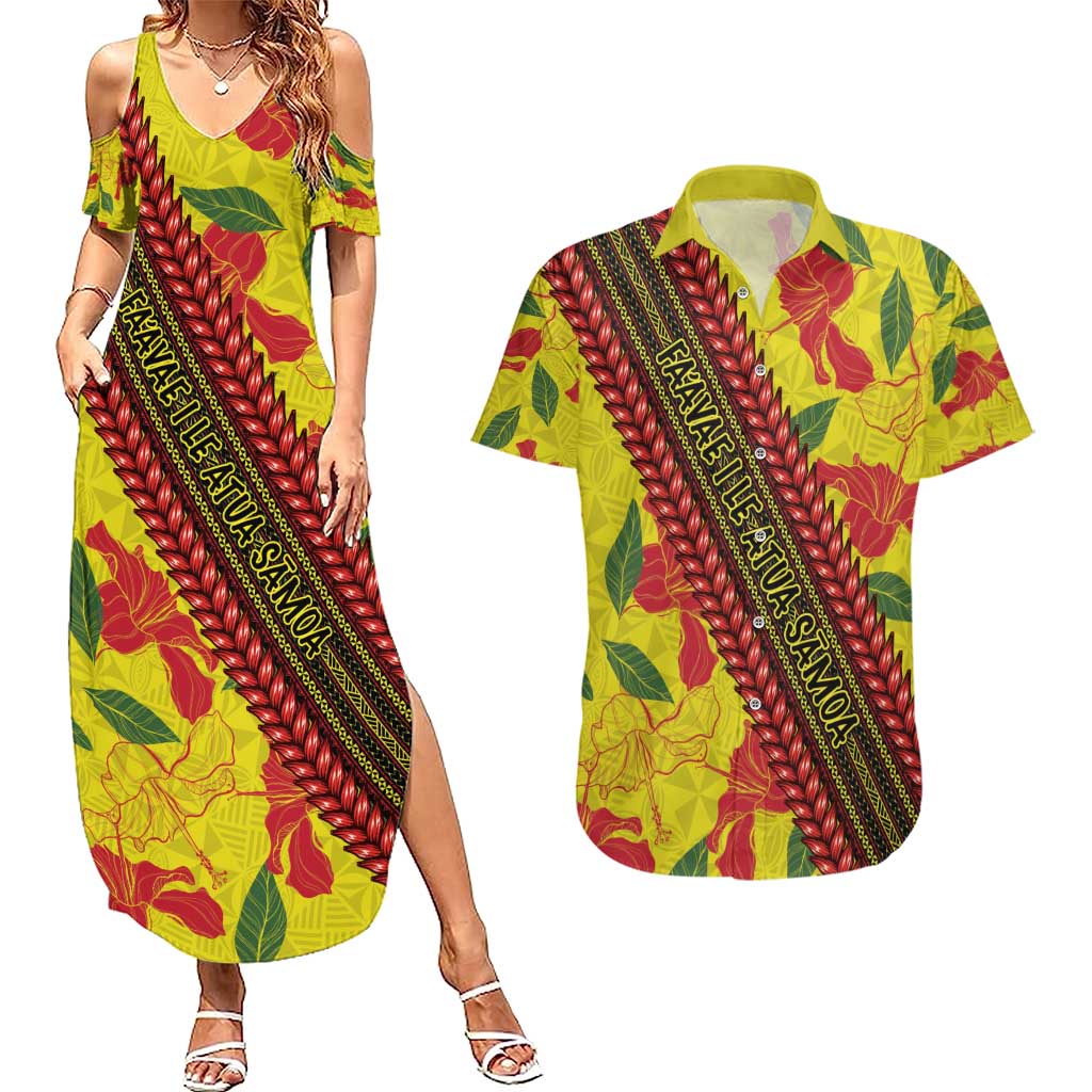 Samoan Culture Couples Matching Summer Maxi Dress and Hawaiian Shirt Hibiscus and Ula Fala with Tapa Pattern YellowColor