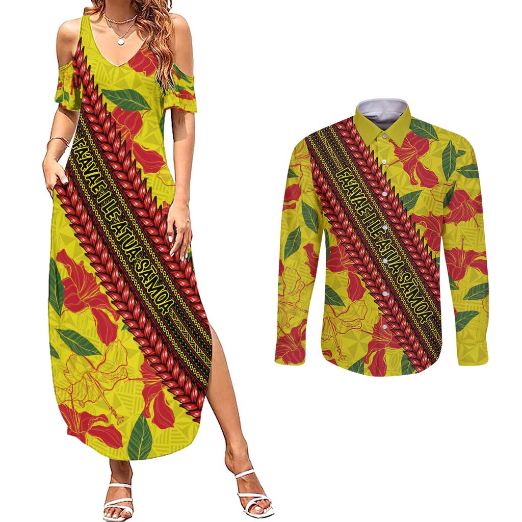 Samoan Culture Couples Matching Summer Maxi Dress and Long Sleeve Button Shirt Hibiscus and Ula Fala with Tapa Pattern YellowColor