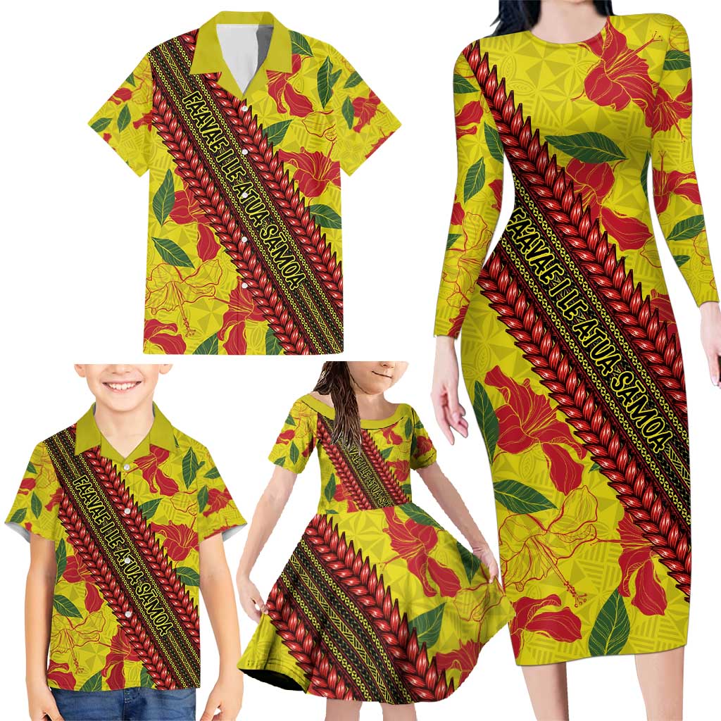 Samoan Culture Family Matching Long Sleeve Bodycon Dress and Hawaiian Shirt Hibiscus and Ula Fala with Tapa Pattern YellowColor