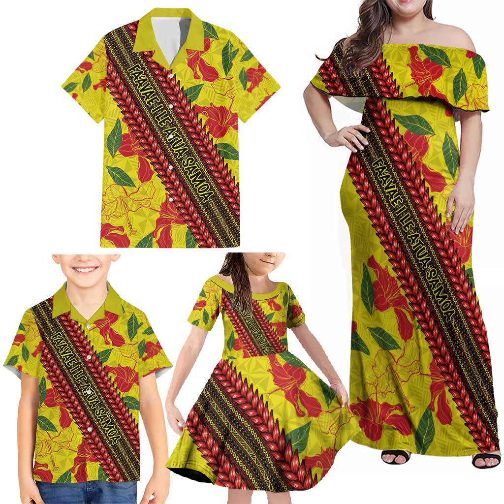 Samoan Culture Family Matching Off Shoulder Maxi Dress and Hawaiian Shirt Hibiscus and Ula Fala with Tapa Pattern YellowColor