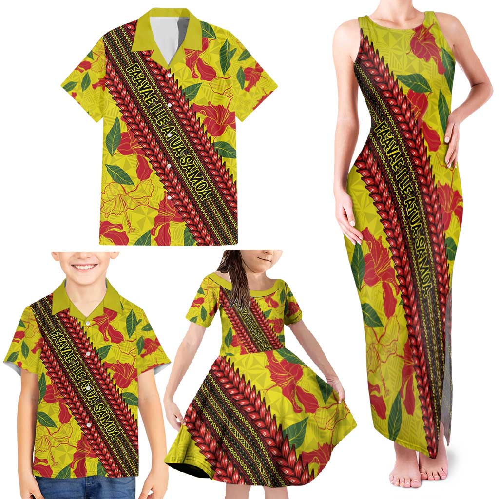 Samoan Culture Family Matching Tank Maxi Dress and Hawaiian Shirt Hibiscus and Ula Fala with Tapa Pattern YellowColor