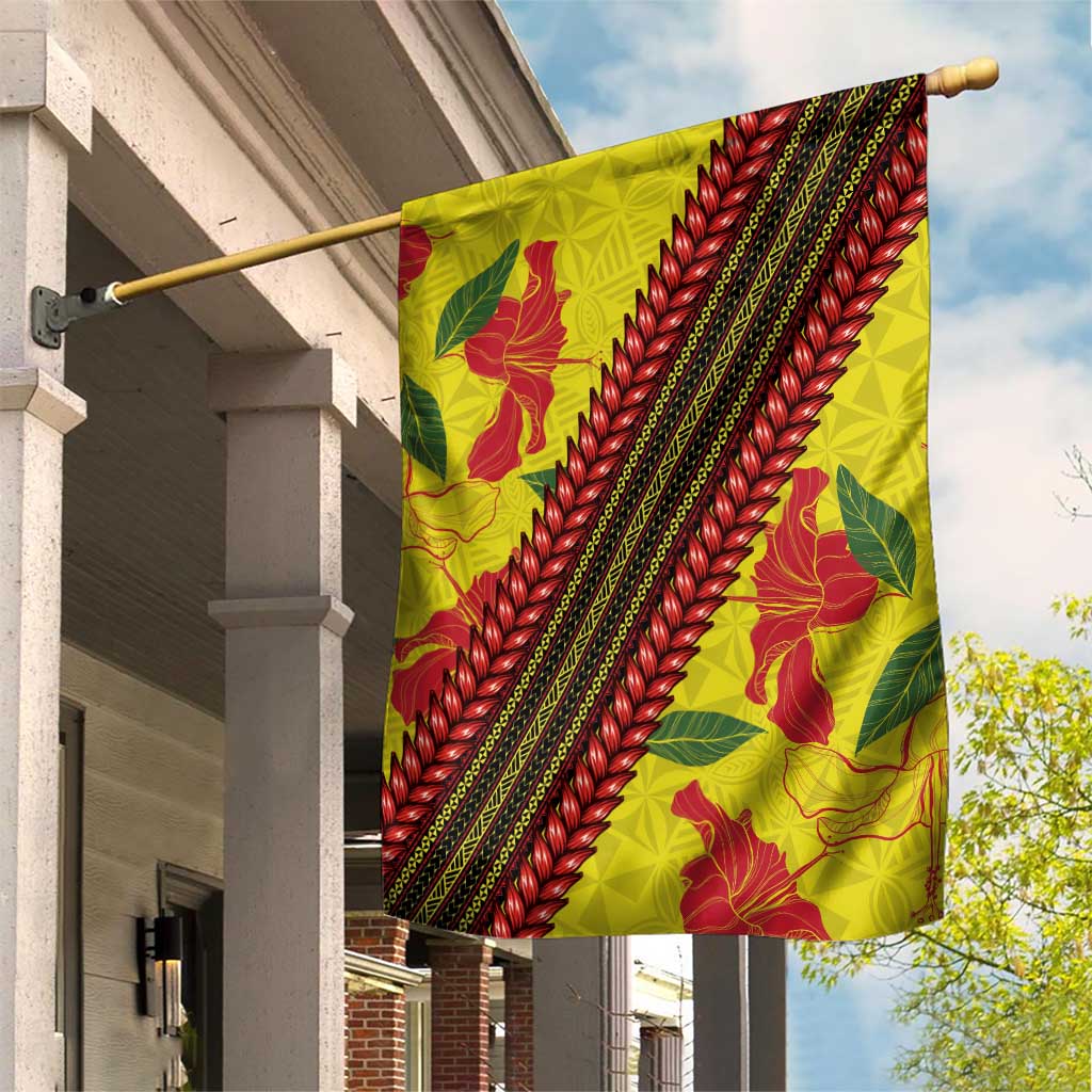 Samoan Culture Garden Flag Hibiscus and Ula Fala with Tapa Pattern Yellow Color