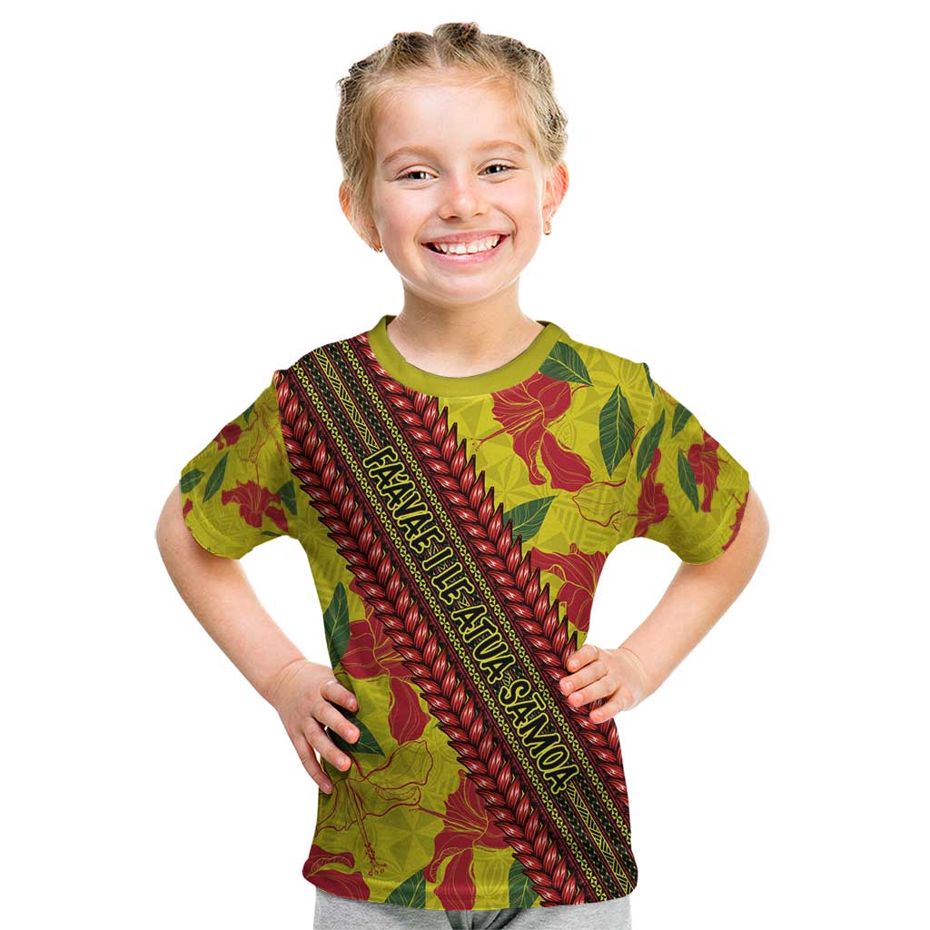 Samoan Culture Kid T Shirt Hibiscus and Ula Fala with Tapa Pattern YellowColor