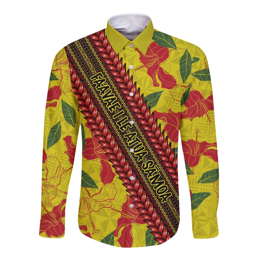 Samoan Culture Long Sleeve Button Shirt Hibiscus and Ula Fala with Tapa Pattern YellowColor