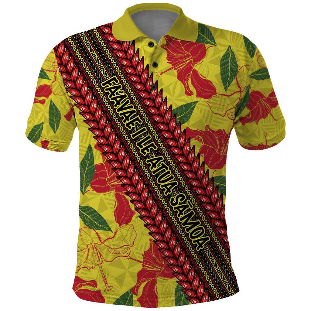 Samoan Culture Polo Shirt Hibiscus and Ula Fala with Tapa Pattern YellowColor