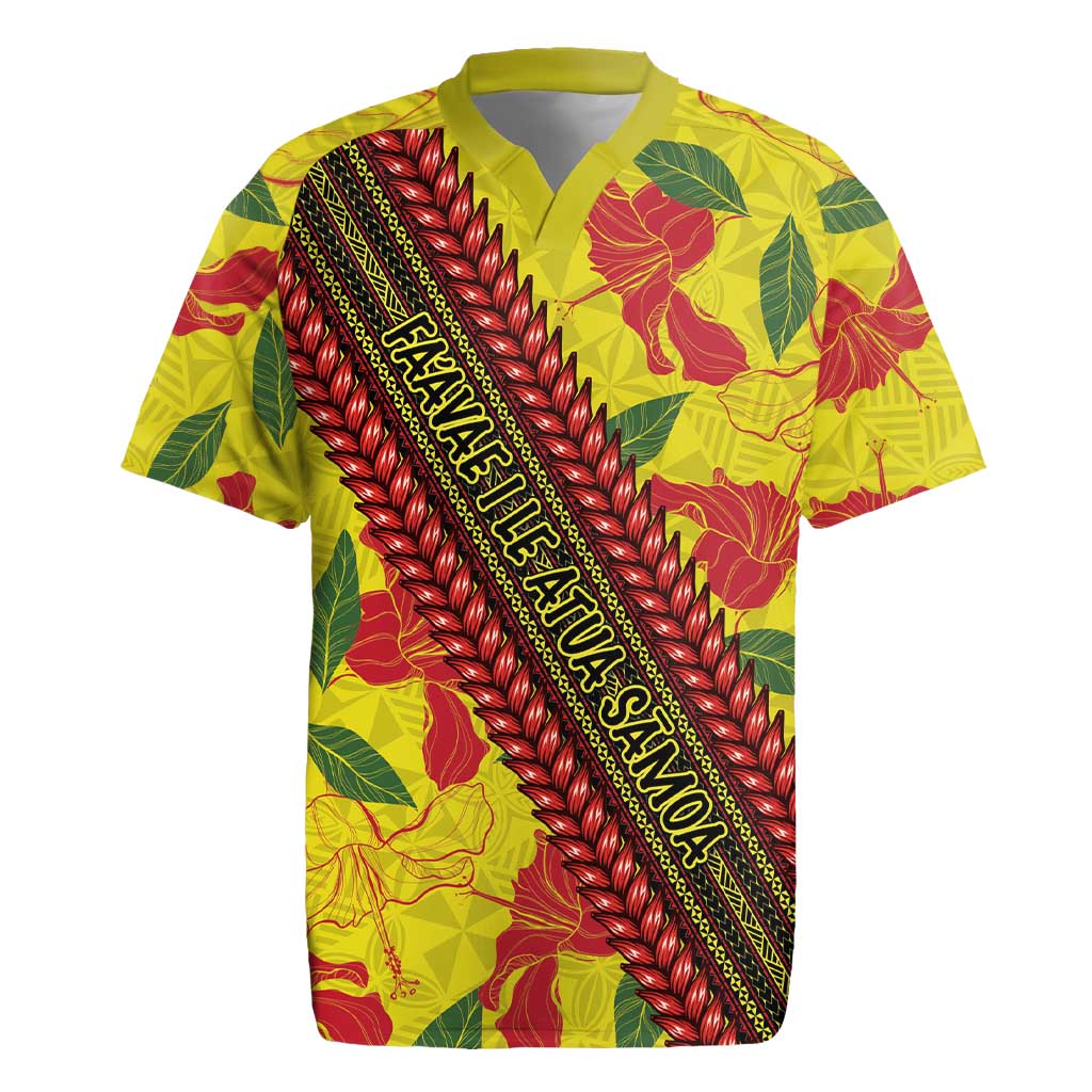 Samoan Culture Rugby Jersey Hibiscus and Ula Fala with Tapa Pattern YellowColor