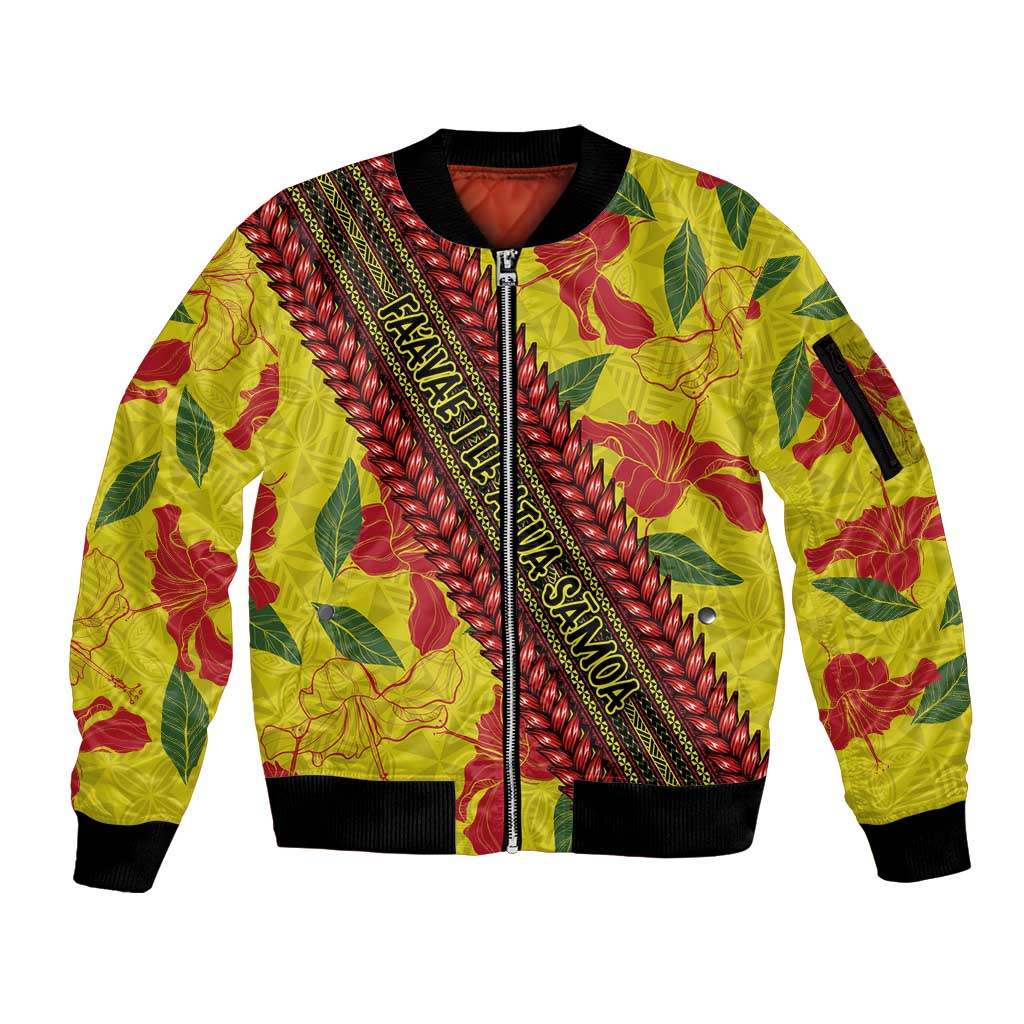 Samoan Culture Sleeve Zip Bomber Jacket Hibiscus and Ula Fala with Tapa Pattern YellowColor