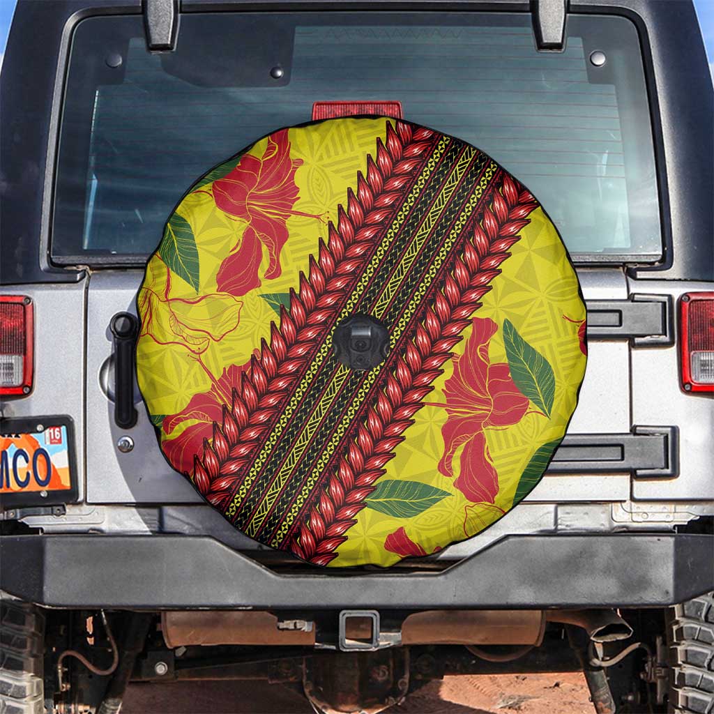 Samoan Culture Spare Tire Cover Hibiscus and Ula Fala with Tapa Pattern Yellow Color