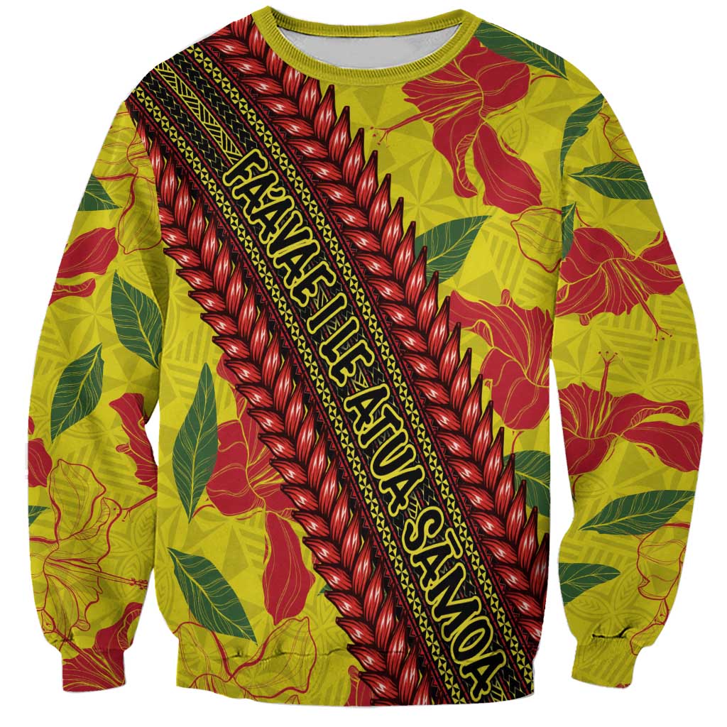 Samoan Culture Sweatshirt Hibiscus and Ula Fala with Tapa Pattern YellowColor