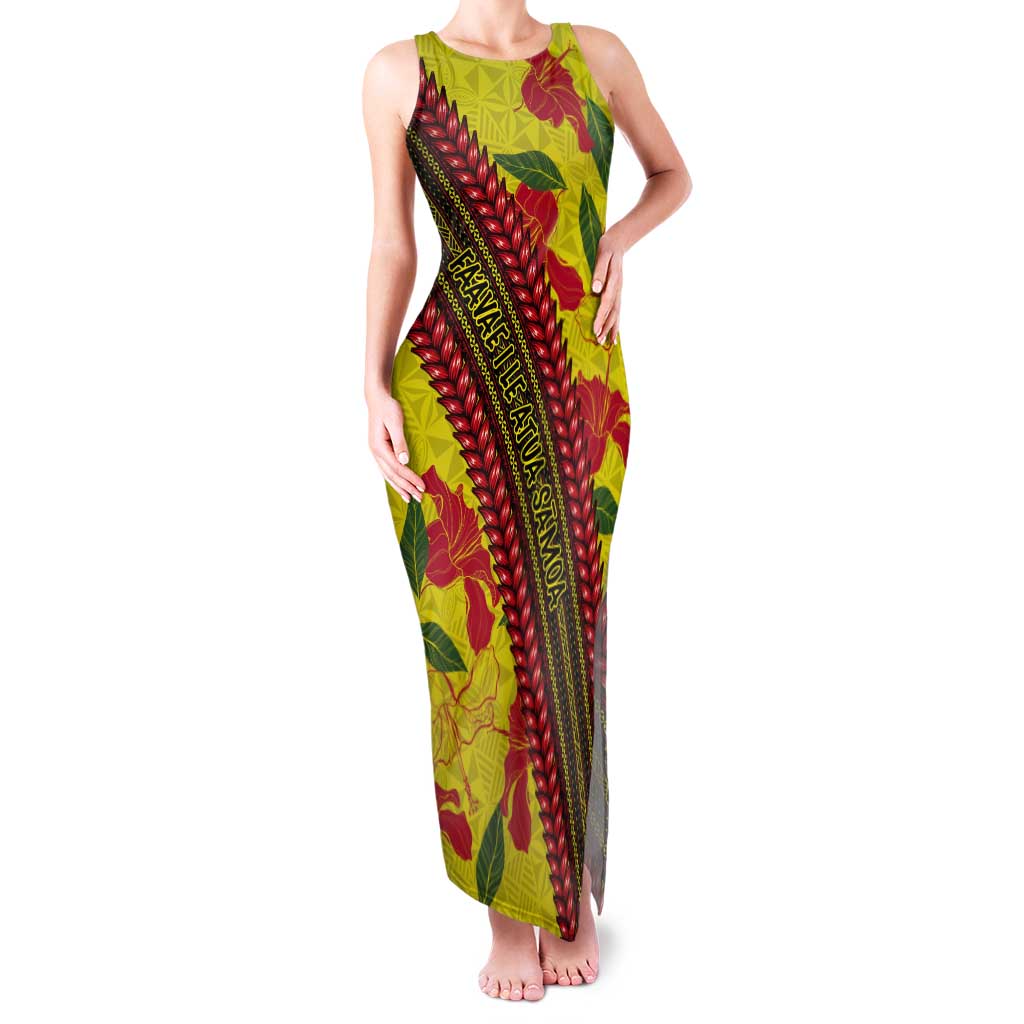 Samoan Culture Tank Maxi Dress Hibiscus and Ula Fala with Tapa Pattern YellowColor