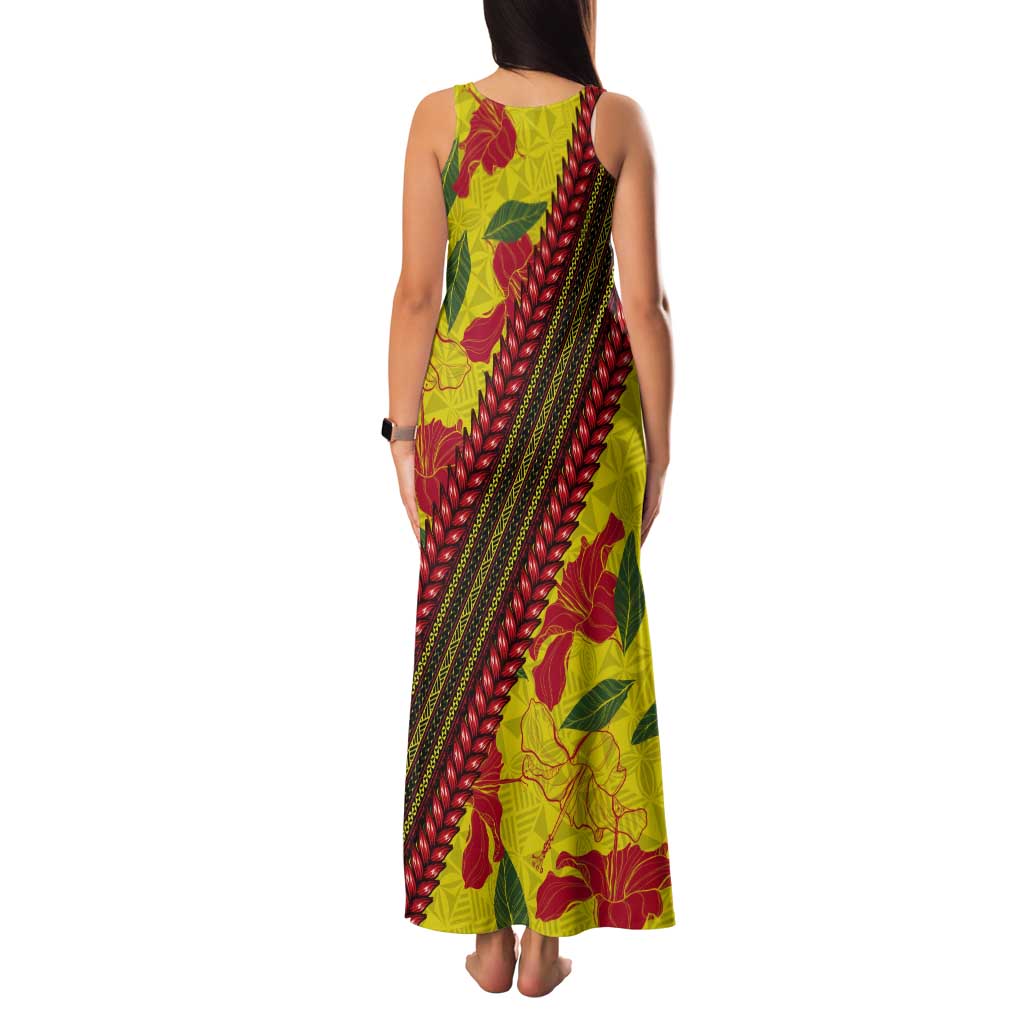 Samoan Culture Tank Maxi Dress Hibiscus and Ula Fala with Tapa Pattern YellowColor