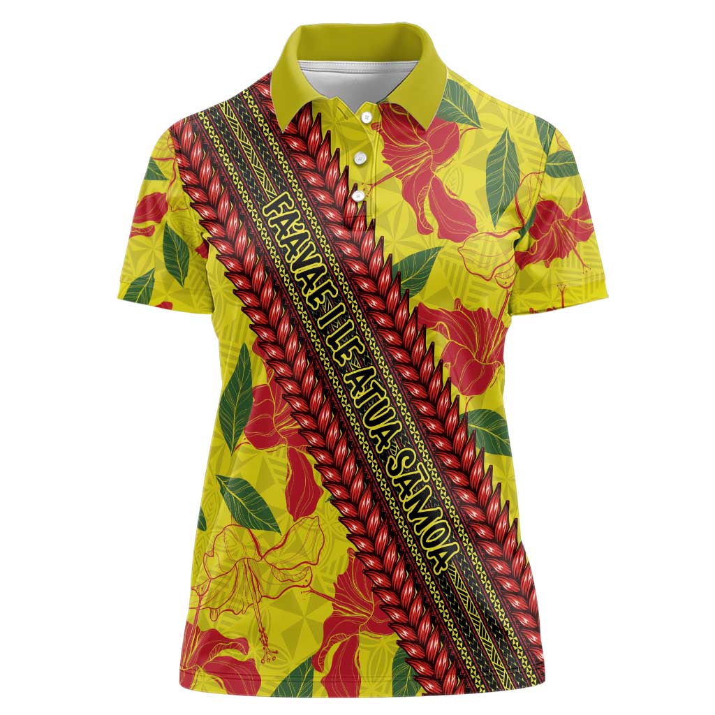 Samoan Culture Women Polo Shirt Hibiscus and Ula Fala with Tapa Pattern YellowColor