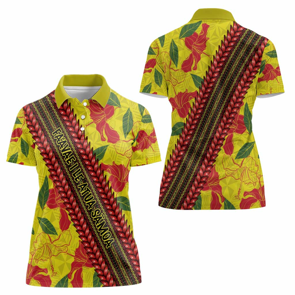 Samoan Culture Women Polo Shirt Hibiscus and Ula Fala with Tapa Pattern YellowColor