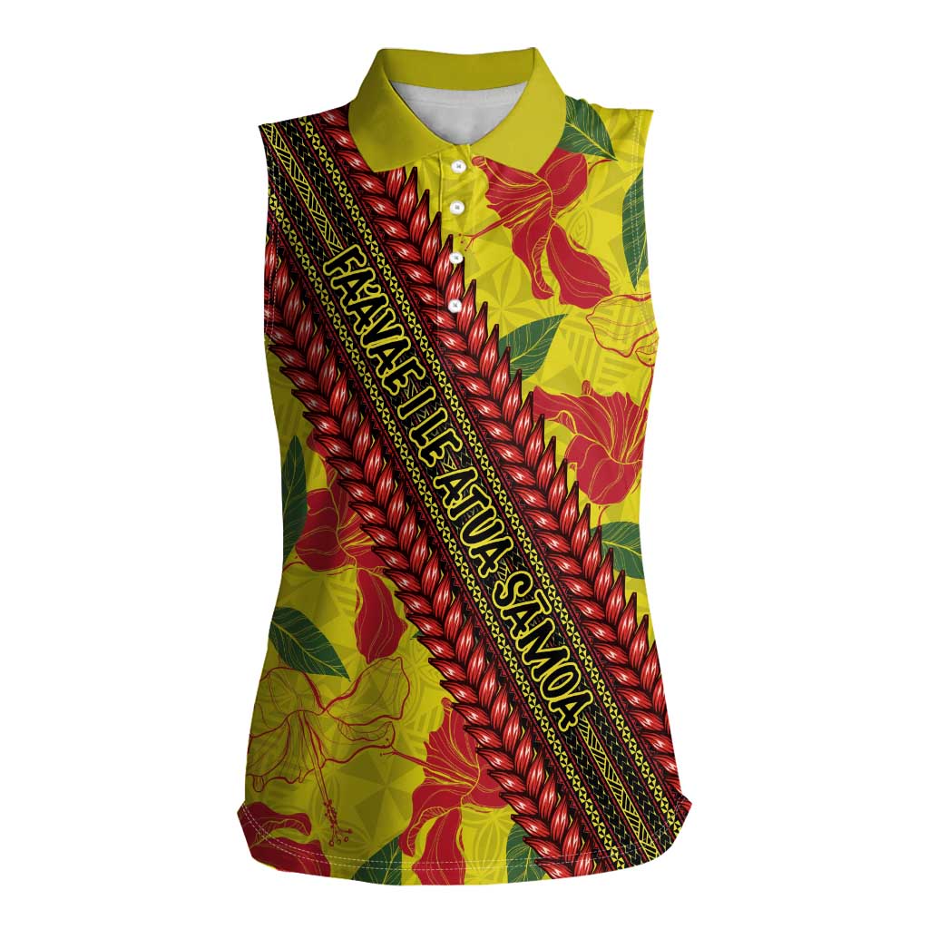 Samoan Culture Women Sleeveless Polo Shirt Hibiscus and Ula Fala with Tapa Pattern YellowColor