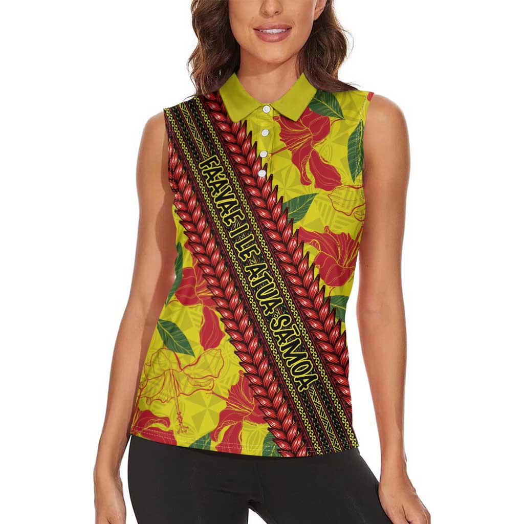 Samoan Culture Women Sleeveless Polo Shirt Hibiscus and Ula Fala with Tapa Pattern YellowColor