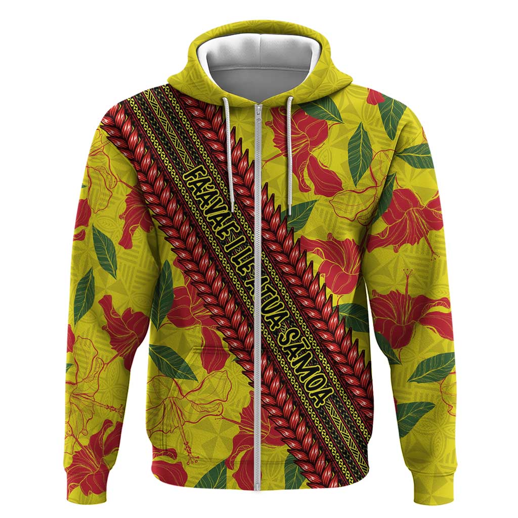 Samoan Culture Zip Hoodie Hibiscus and Ula Fala with Tapa Pattern YellowColor