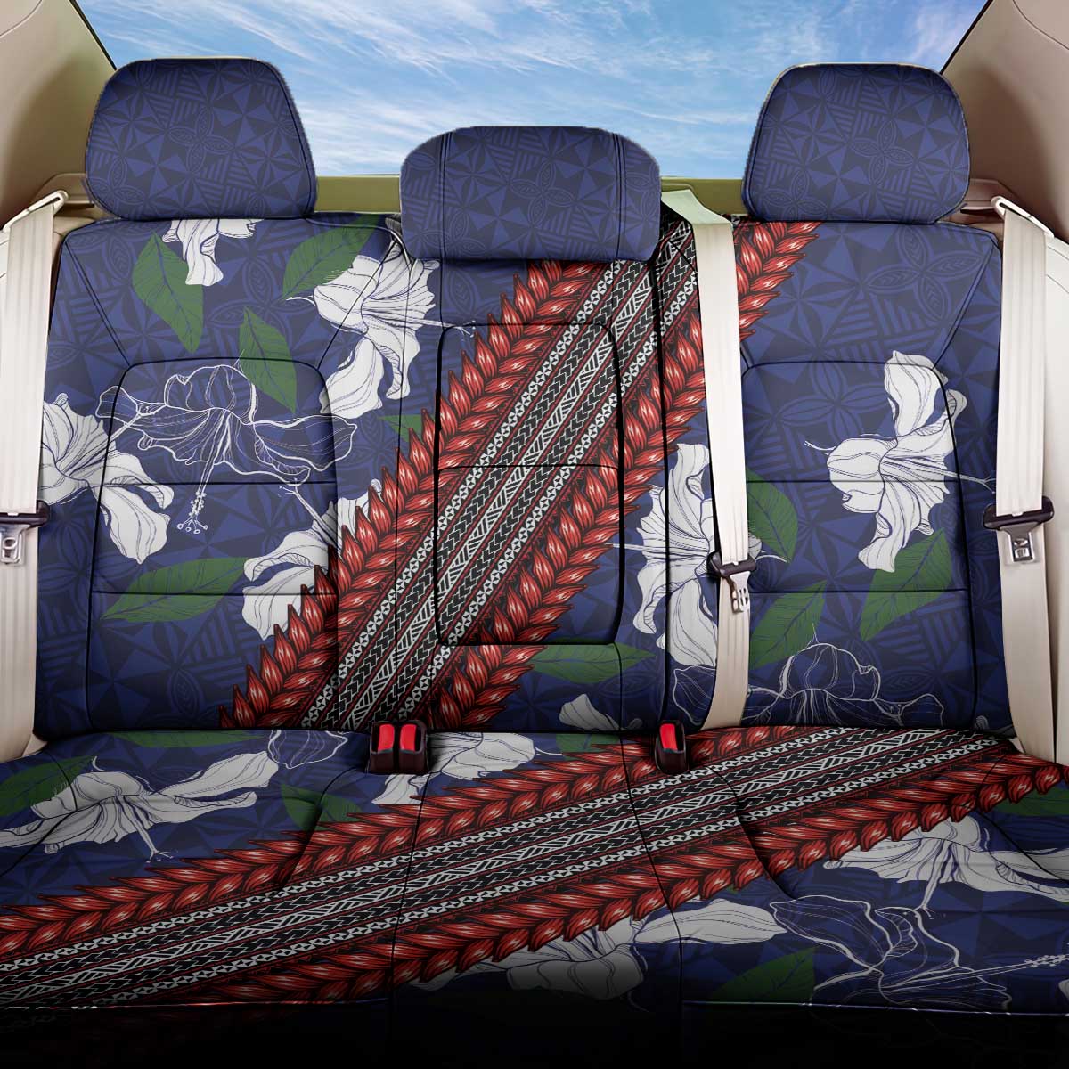 Samoan Culture Back Car Seat Cover Hibiscus and Ula Fala with Tapa Pattern Blue Color