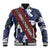 Samoan Culture Baseball Jacket Hibiscus and Ula Fala with Tapa Pattern Blue Color