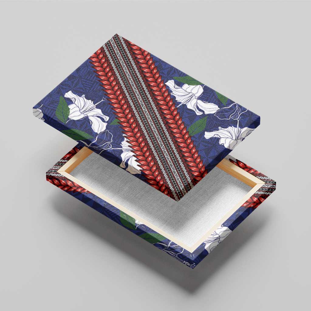 Samoan Culture Canvas Wall Art Hibiscus and Ula Fala with Tapa Pattern Blue Color