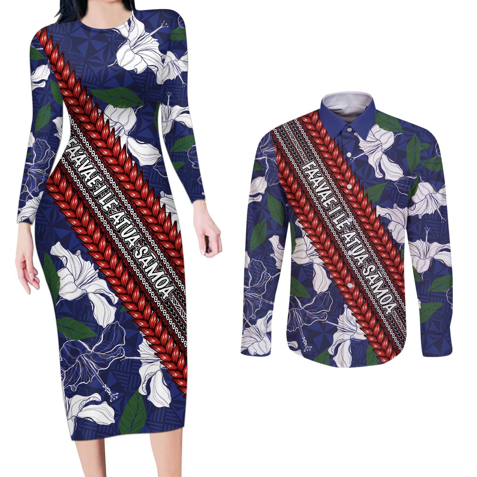 Samoan Culture Couples Matching Long Sleeve Bodycon Dress and Long Sleeve Button Shirt Hibiscus and Ula Fala with Tapa Pattern Blue Color