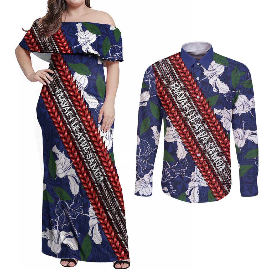 Samoan Culture Couples Matching Off Shoulder Maxi Dress and Long Sleeve Button Shirt Hibiscus and Ula Fala with Tapa Pattern Blue Color