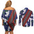 Samoan Culture Couples Matching Off Shoulder Short Dress and Long Sleeve Button Shirt Hibiscus and Ula Fala with Tapa Pattern Blue Color