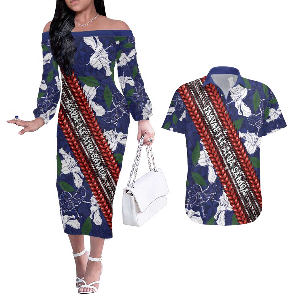 Samoan Culture Couples Matching Off The Shoulder Long Sleeve Dress and Hawaiian Shirt Hibiscus and Ula Fala with Tapa Pattern Blue Color