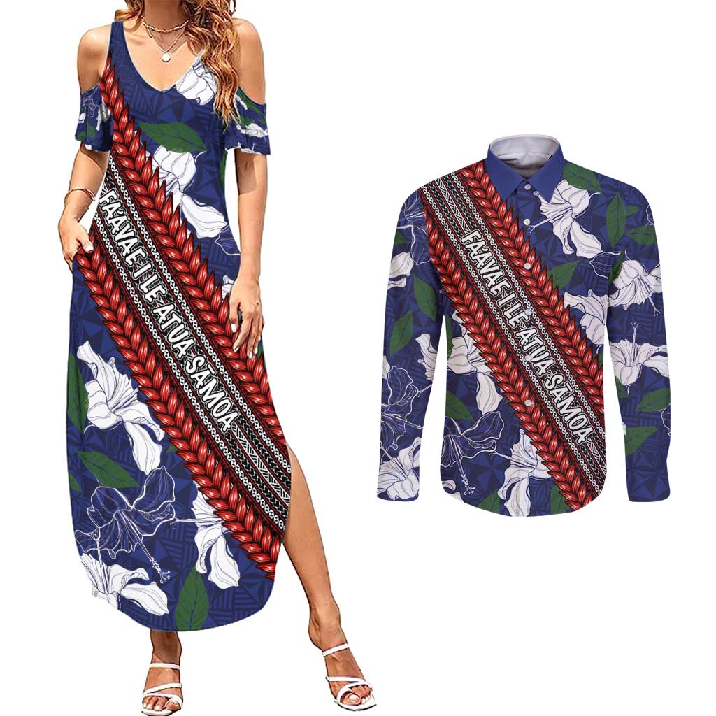 Samoan Culture Couples Matching Summer Maxi Dress and Long Sleeve Button Shirt Hibiscus and Ula Fala with Tapa Pattern Blue Color