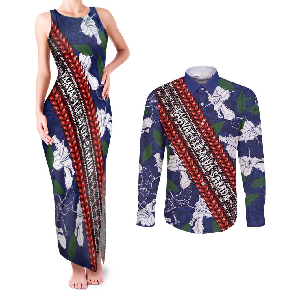 Samoan Culture Couples Matching Tank Maxi Dress and Long Sleeve Button Shirt Hibiscus and Ula Fala with Tapa Pattern Blue Color