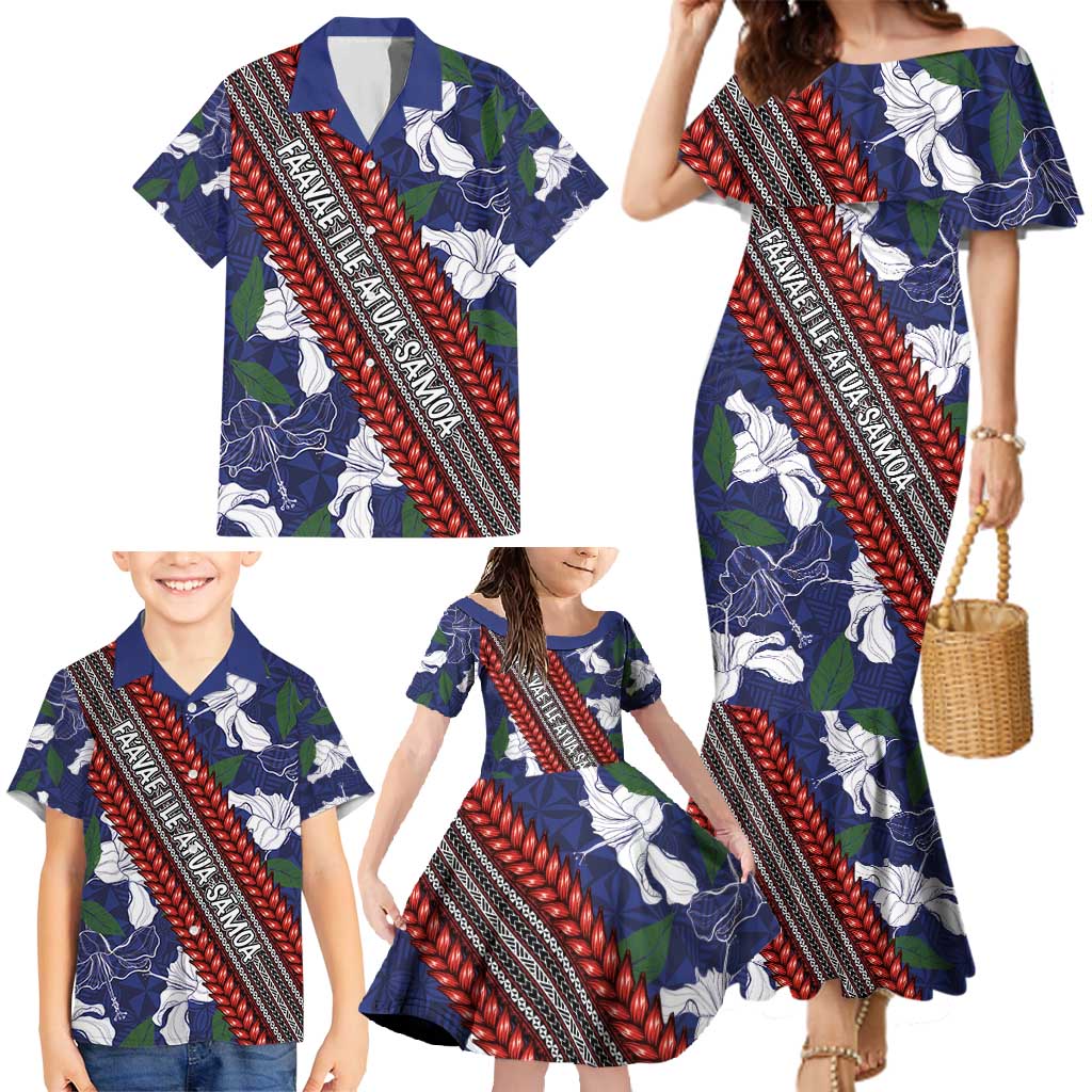 Samoan Culture Family Matching Mermaid Dress and Hawaiian Shirt Hibiscus and Ula Fala with Tapa Pattern Blue Color