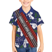 Samoan Culture Family Matching Off The Shoulder Long Sleeve Dress and Hawaiian Shirt Hibiscus and Ula Fala with Tapa Pattern Blue Color