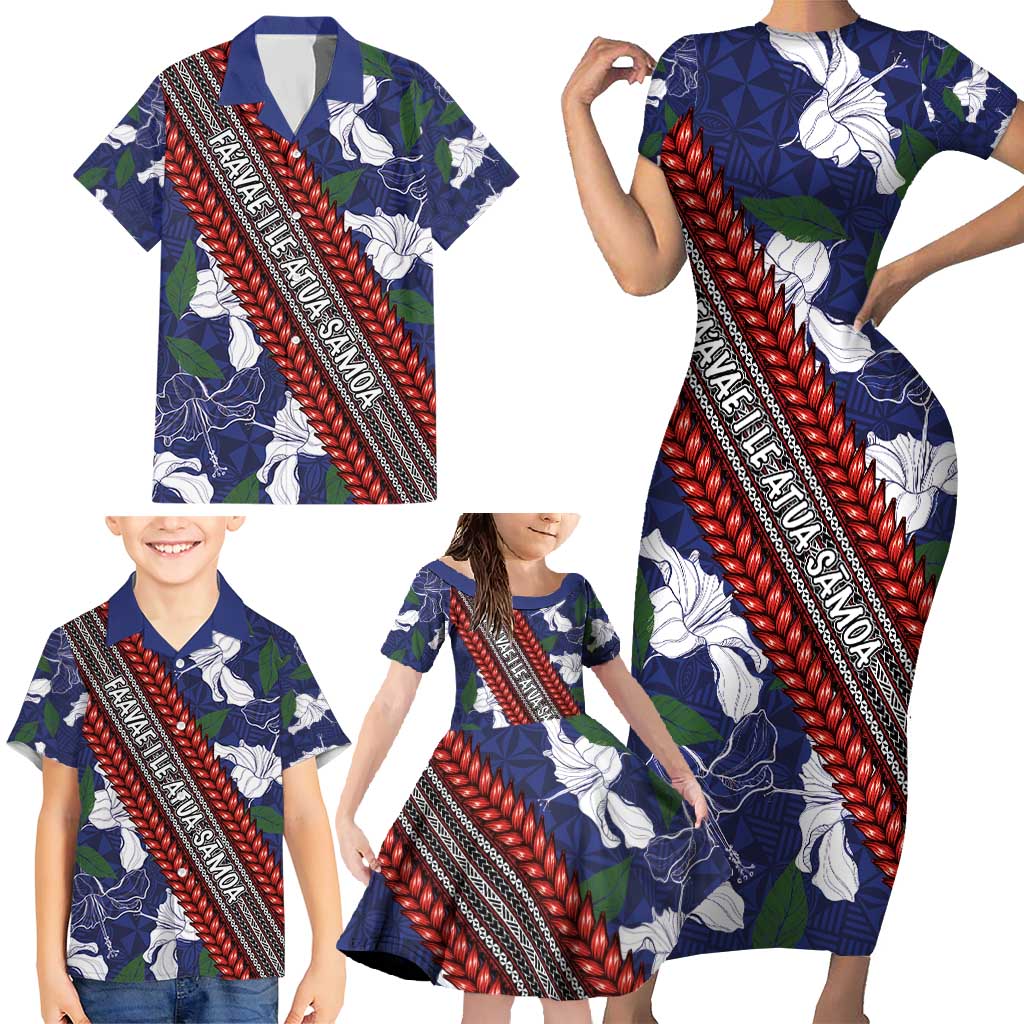 Samoan Culture Family Matching Short Sleeve Bodycon Dress and Hawaiian Shirt Hibiscus and Ula Fala with Tapa Pattern Blue Color