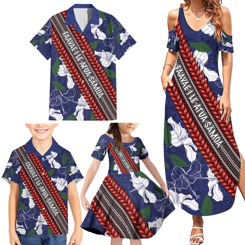 Samoan Culture Family Matching Summer Maxi Dress and Hawaiian Shirt Hibiscus and Ula Fala with Tapa Pattern Blue Color