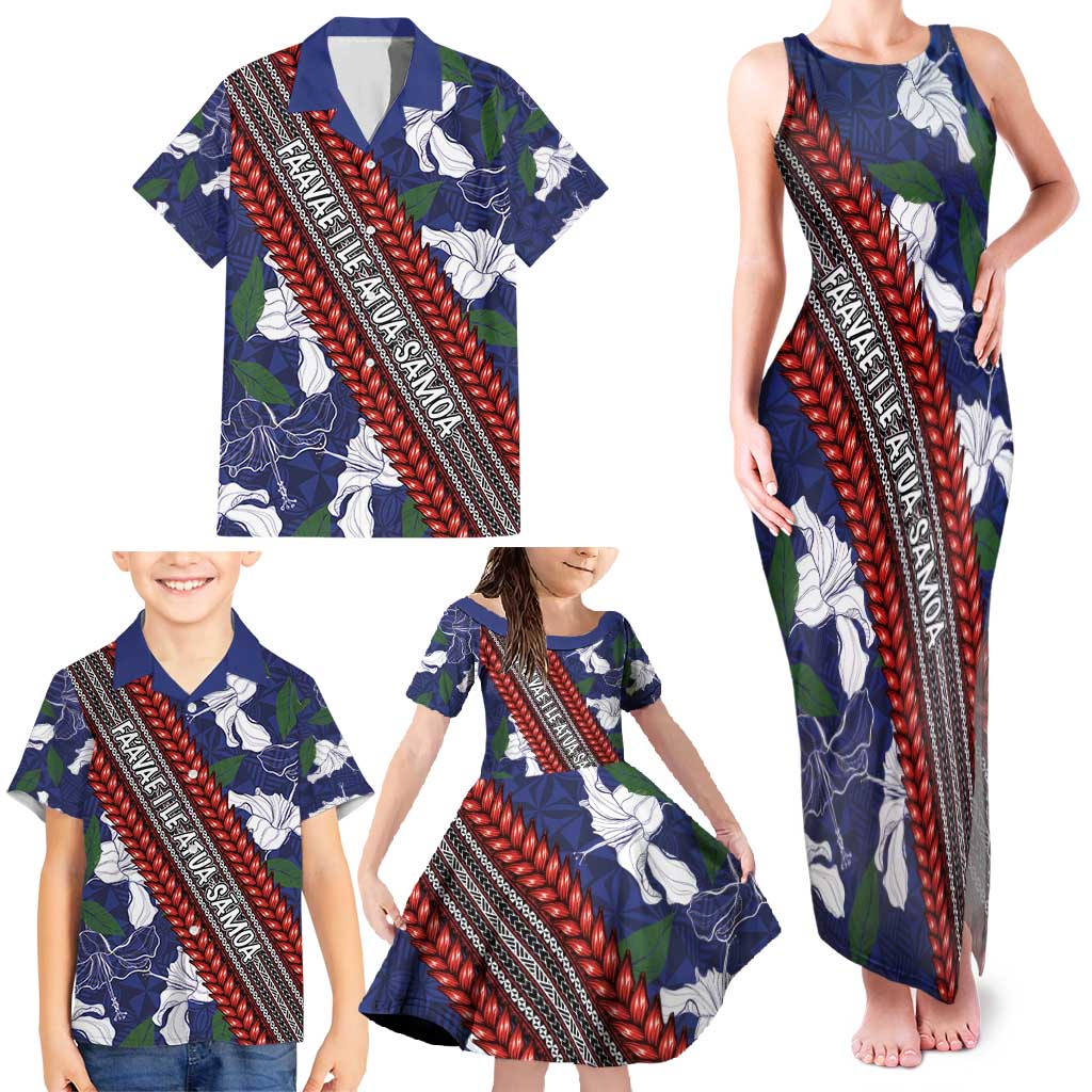 Samoan Culture Family Matching Tank Maxi Dress and Hawaiian Shirt Hibiscus and Ula Fala with Tapa Pattern Blue Color