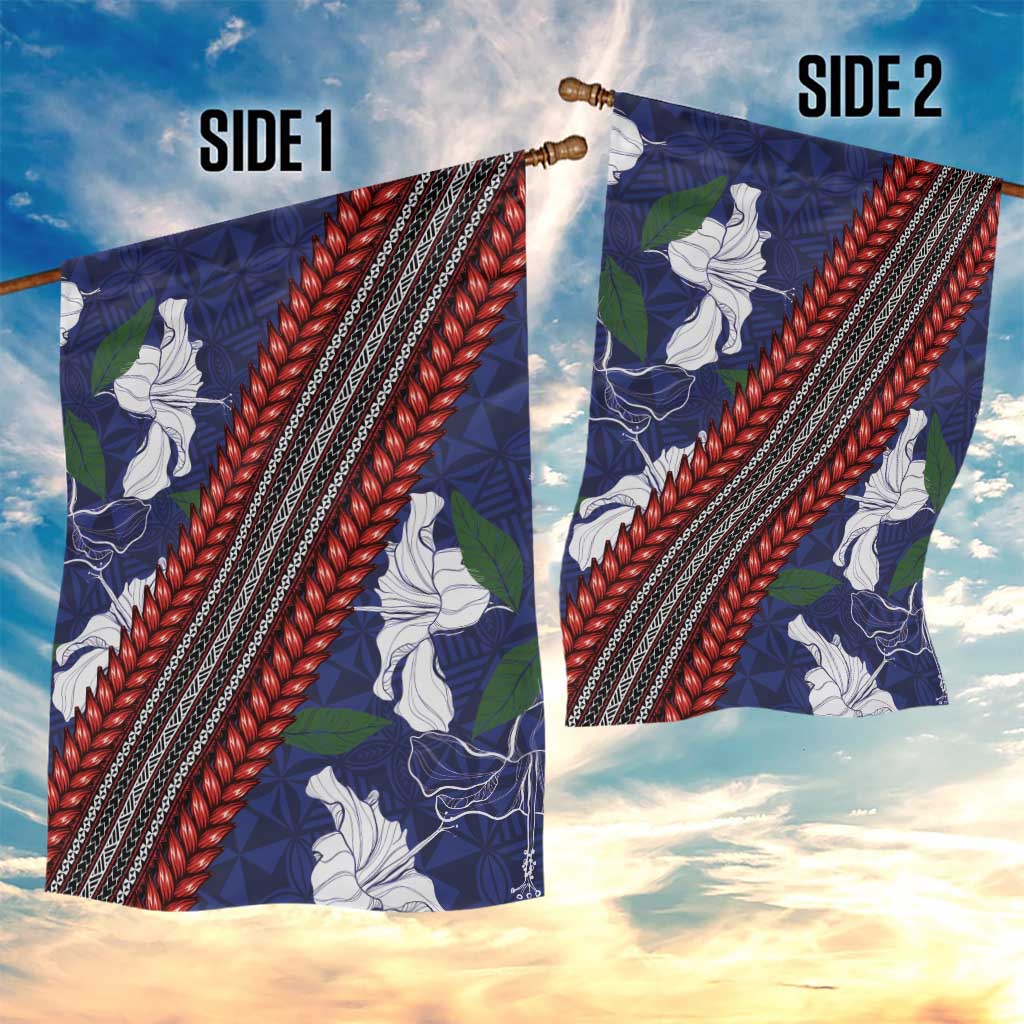 Samoan Culture Garden Flag Hibiscus and Ula Fala with Tapa Pattern Blue Color