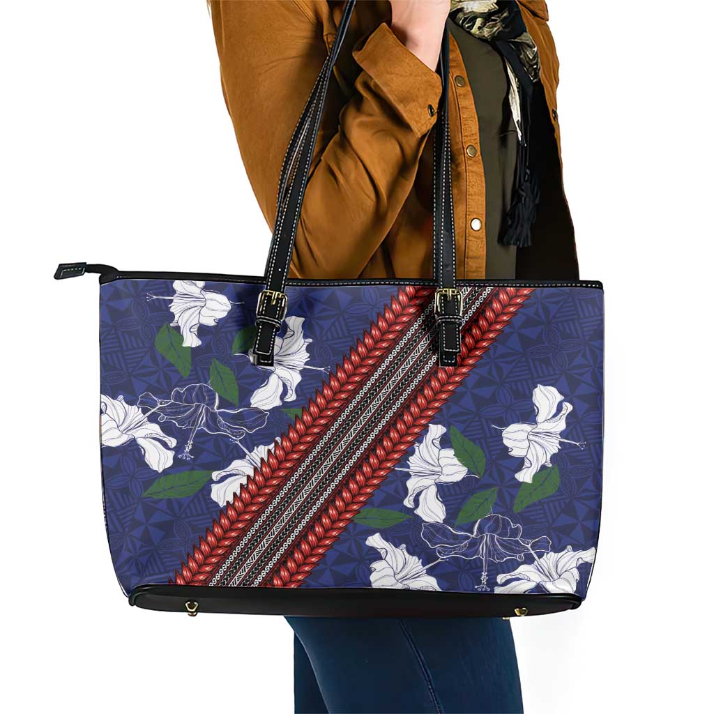 Samoan Culture Leather Tote Bag Hibiscus and Ula Fala with Tapa Pattern Blue Color