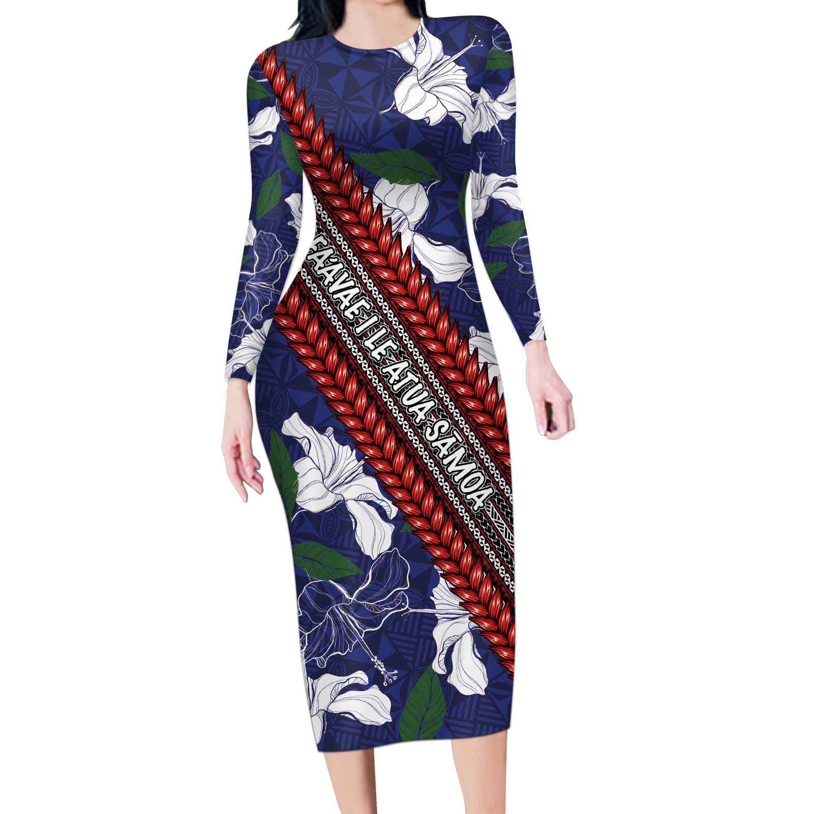 Samoan Culture Long Sleeve Bodycon Dress Hibiscus and Ula Fala with Tapa Pattern Blue Color