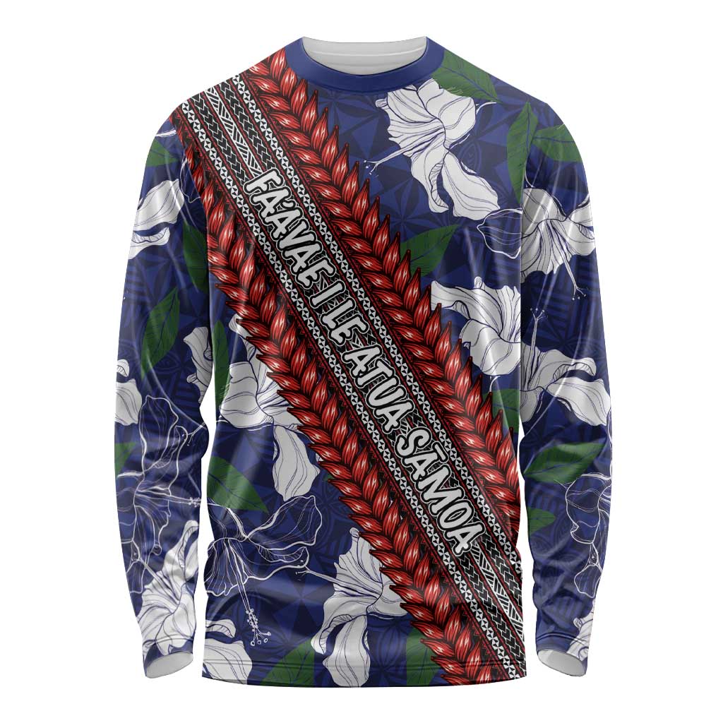 Samoan Culture Long Sleeve Shirt Hibiscus and Ula Fala with Tapa Pattern Blue Color