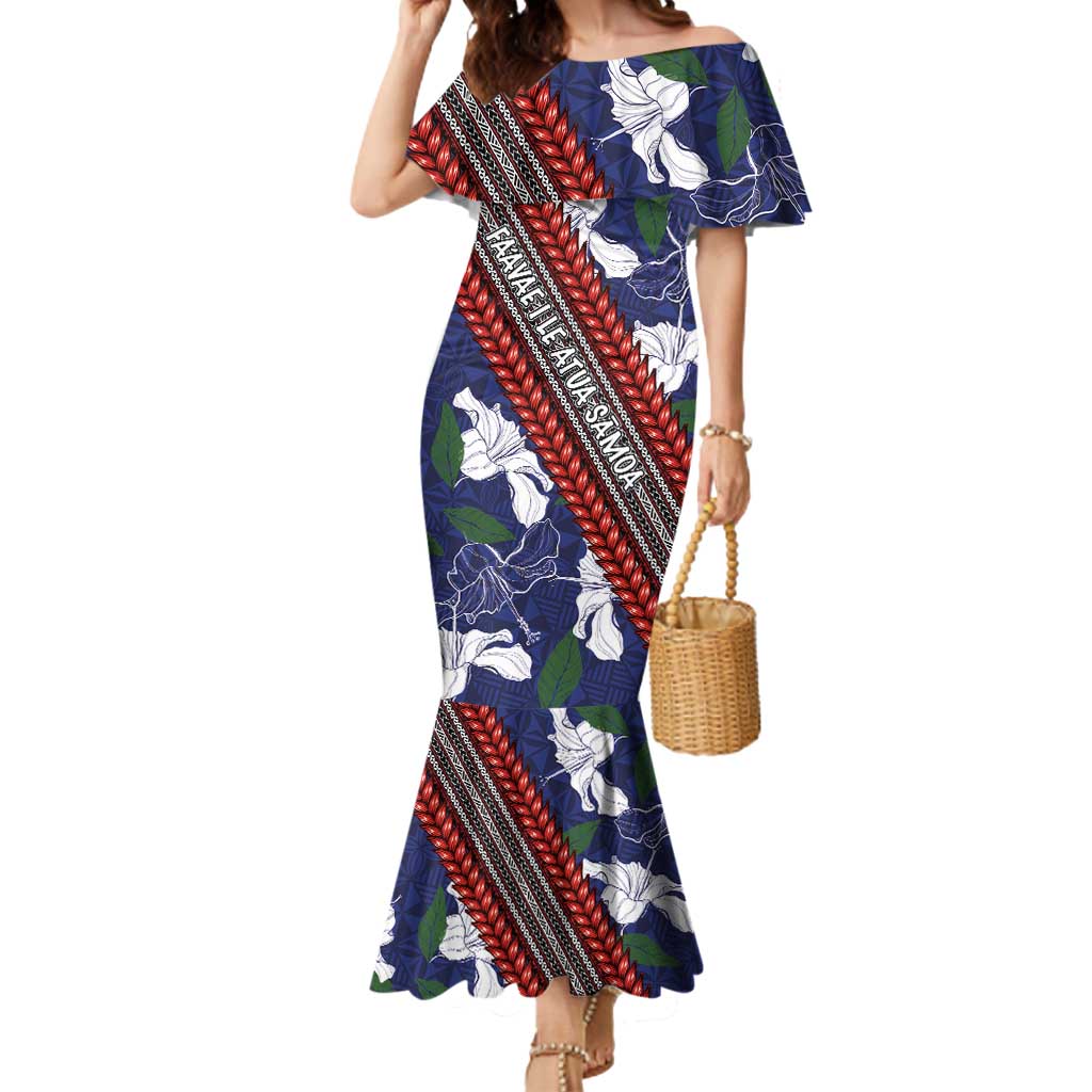 Samoan Culture Mermaid Dress Hibiscus and Ula Fala with Tapa Pattern Blue Color