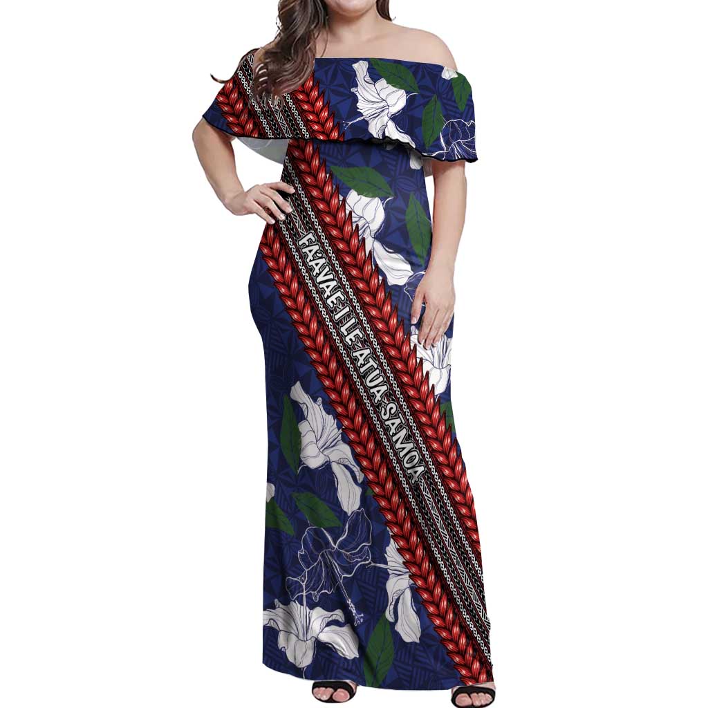 Samoan Culture Off Shoulder Maxi Dress Hibiscus and Ula Fala with Tapa Pattern Blue Color